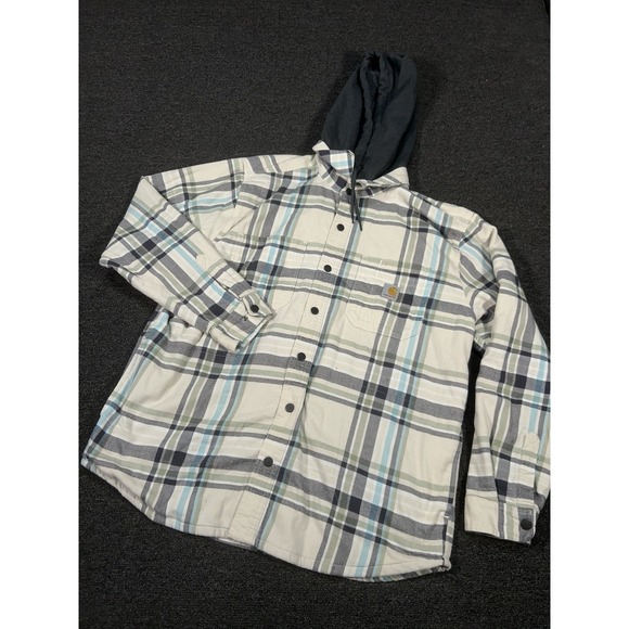 Carhartt Other - Carhartt Jacket Mens Large Plaid Fleece Lined Hooded Flannel Shacket Shirt Ivory